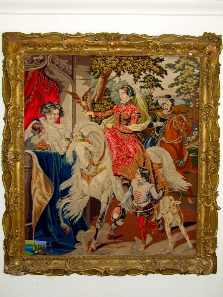 19th Century Needlepoint Tapestry of 16th Century Royal English Scene Hawking In Good Condition For Sale In West Palm Beach, FL