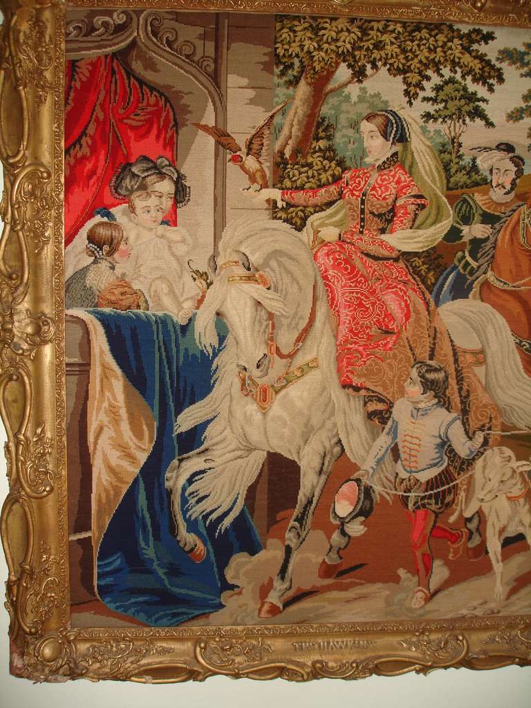 19th Century Needlepoint Tapestry of 16th Century Royal English Scene Hawking For Sale 2