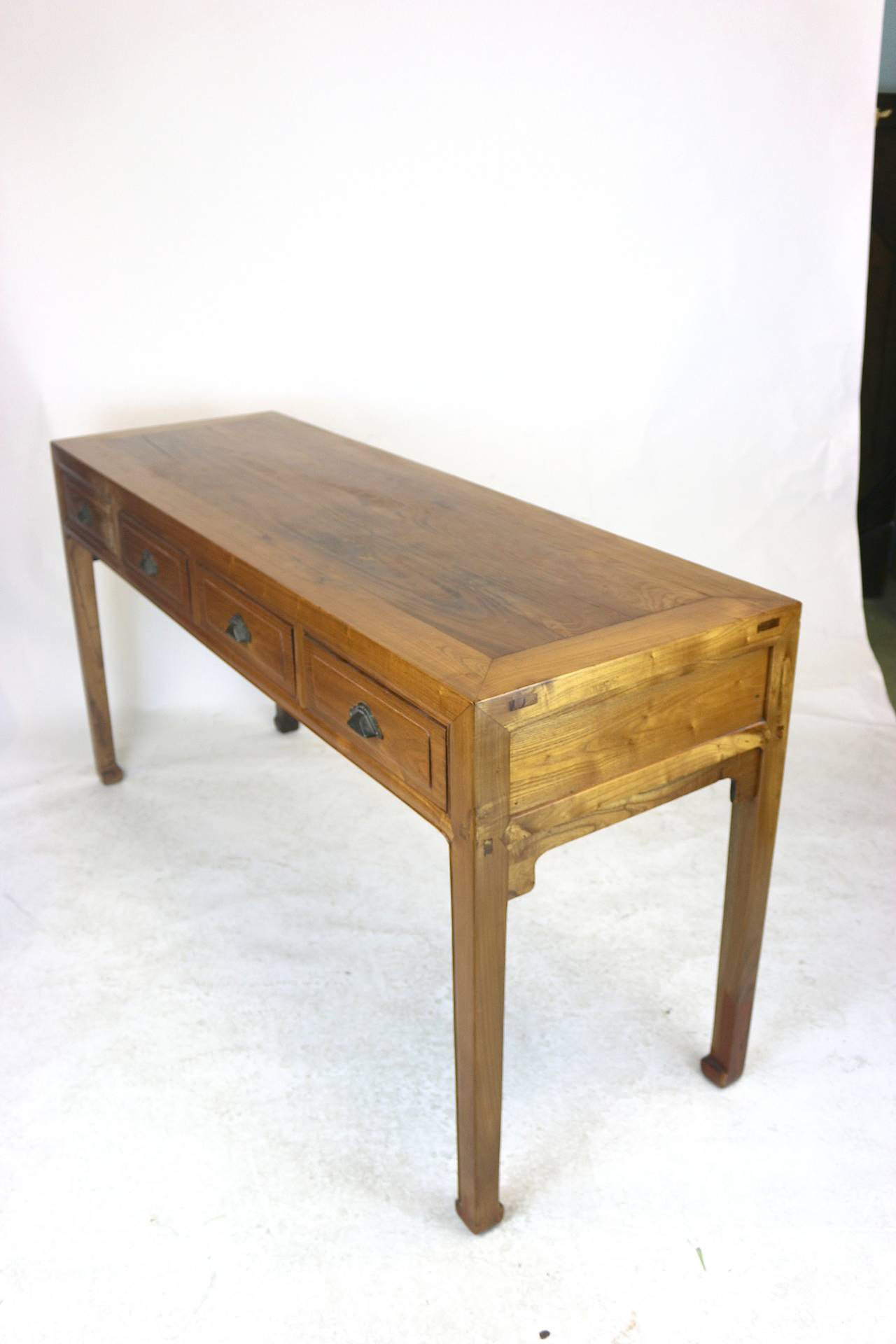 18th-19th Century Chinese Mellow Elmwood Four Drawer Console Table Writing Table For Sale 2