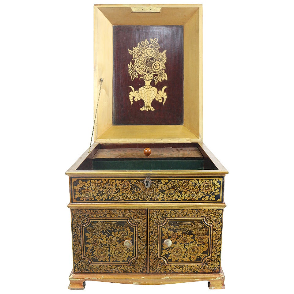 Wonderful example of a 19th century English painted chinoiserie penwork traveling box, Chest, side table- black background with gold and black design, all hand applied on white wood sycamore box with a quite beautiful shape. This is one of the best