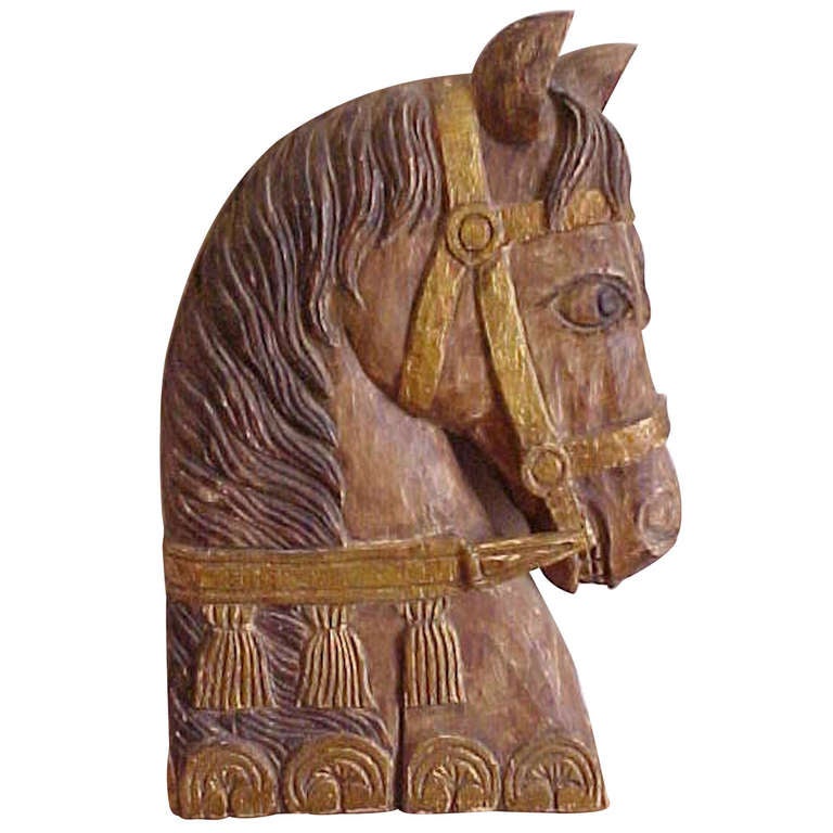 MidCentury Stylized Wood Carved Horse Head Wall Sculpture For Sale at