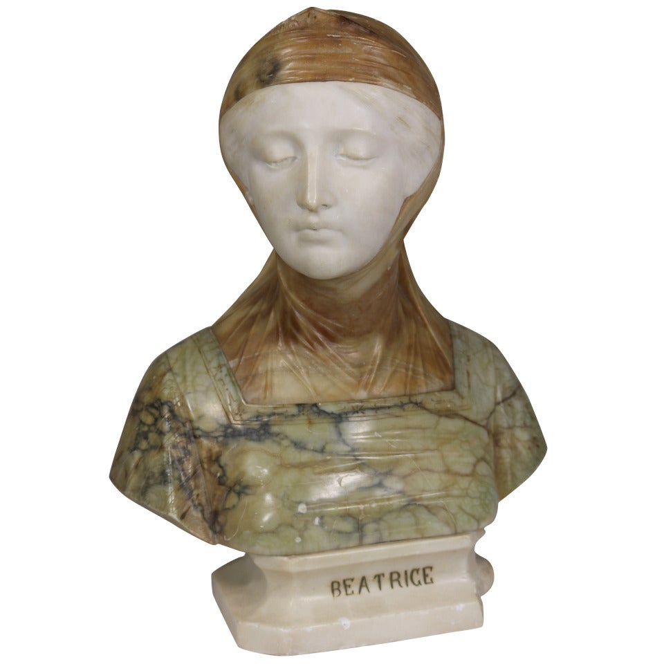 19th Century Italian Bust of Dante’s Beatrice Marble and Alabaster For Sale