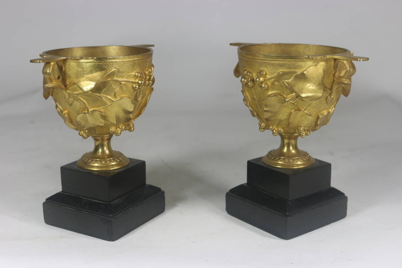 Grand Tour Fine Pair Gilt Bronze Pompeii Decorated Urns-Vine Leaf Motif, circa 1830 For Sale