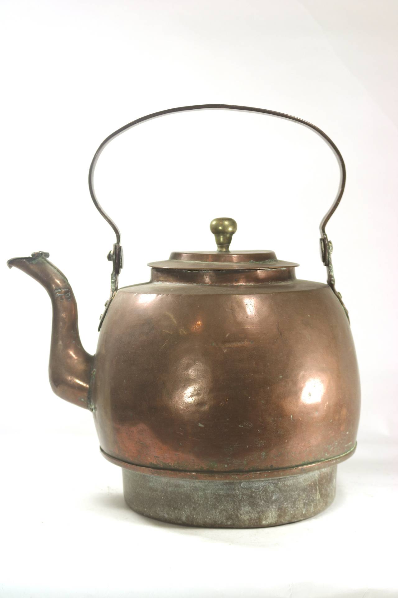 A very fine monumental classical 18th century hand-forged copper water kettle for the hearth fire used in the 18th century Home-Riveted handle, brass lid finial 17