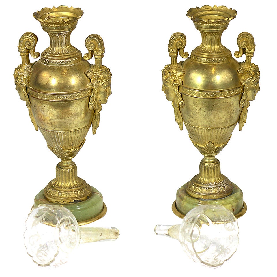 Fine Neoclassic Gilt Bronze Vases Urns Grecian Faces-circa1850 Provenance For Sale