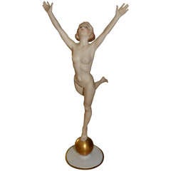 Antique Beautiful Art Deco Hutschenreuther Nude Goddess Sculpture on a Golden Ball