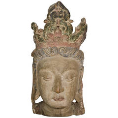 Chinese Ming Dinasty Carved Wood Head of Guanyin, circa 1600