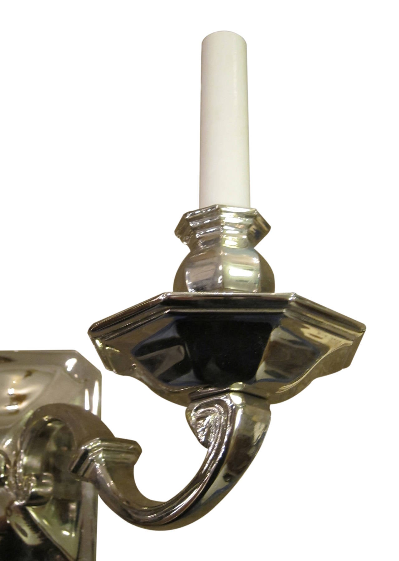 Mid-20th Century Pair of French Art Deco Polished Nickel Over Bronze Two-Arm Sconces, 1940s