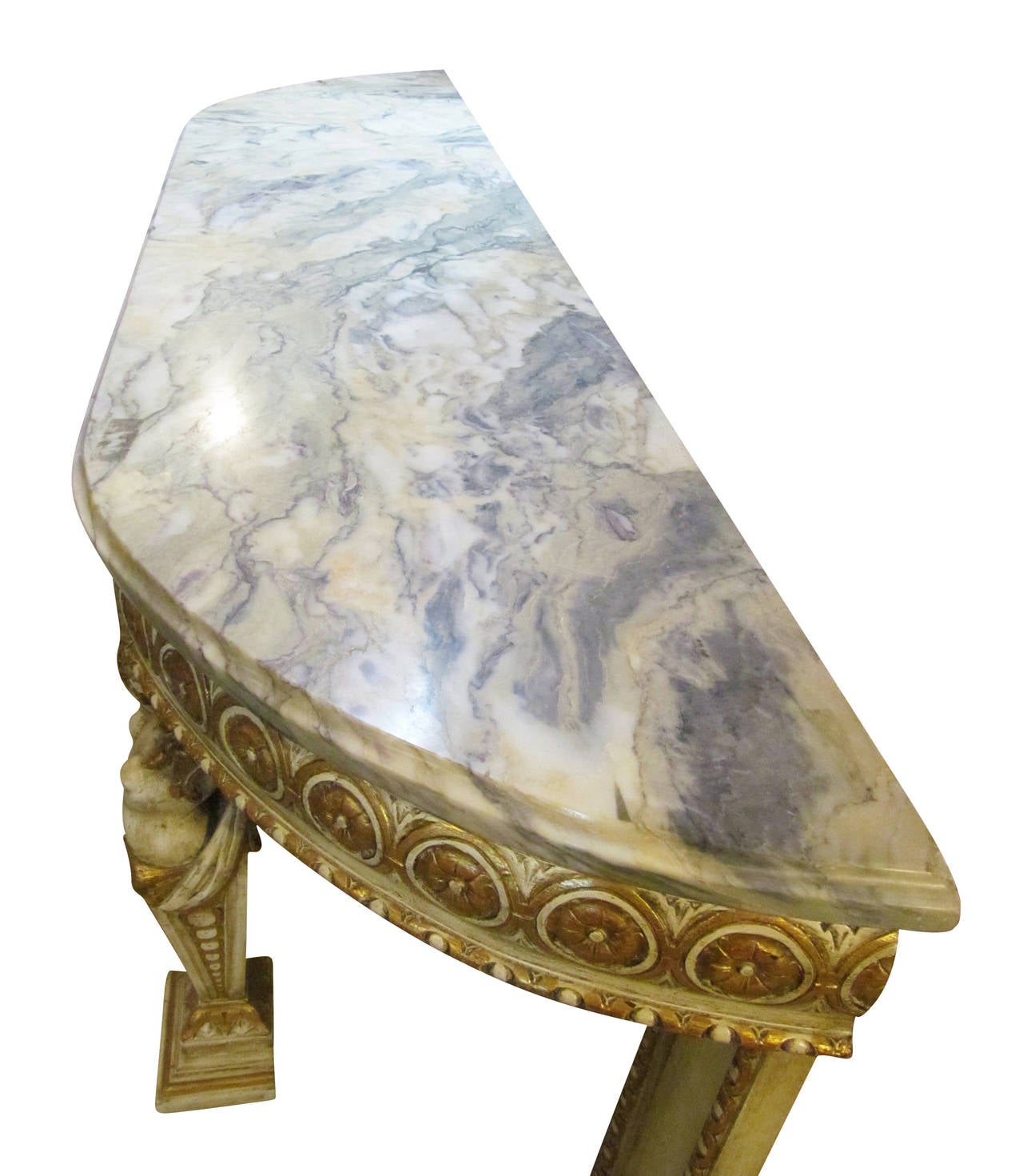 Mid-20th Century Italian Marble-Top Console Made of Carved Wood, Gilded and Painted Base, 1940s