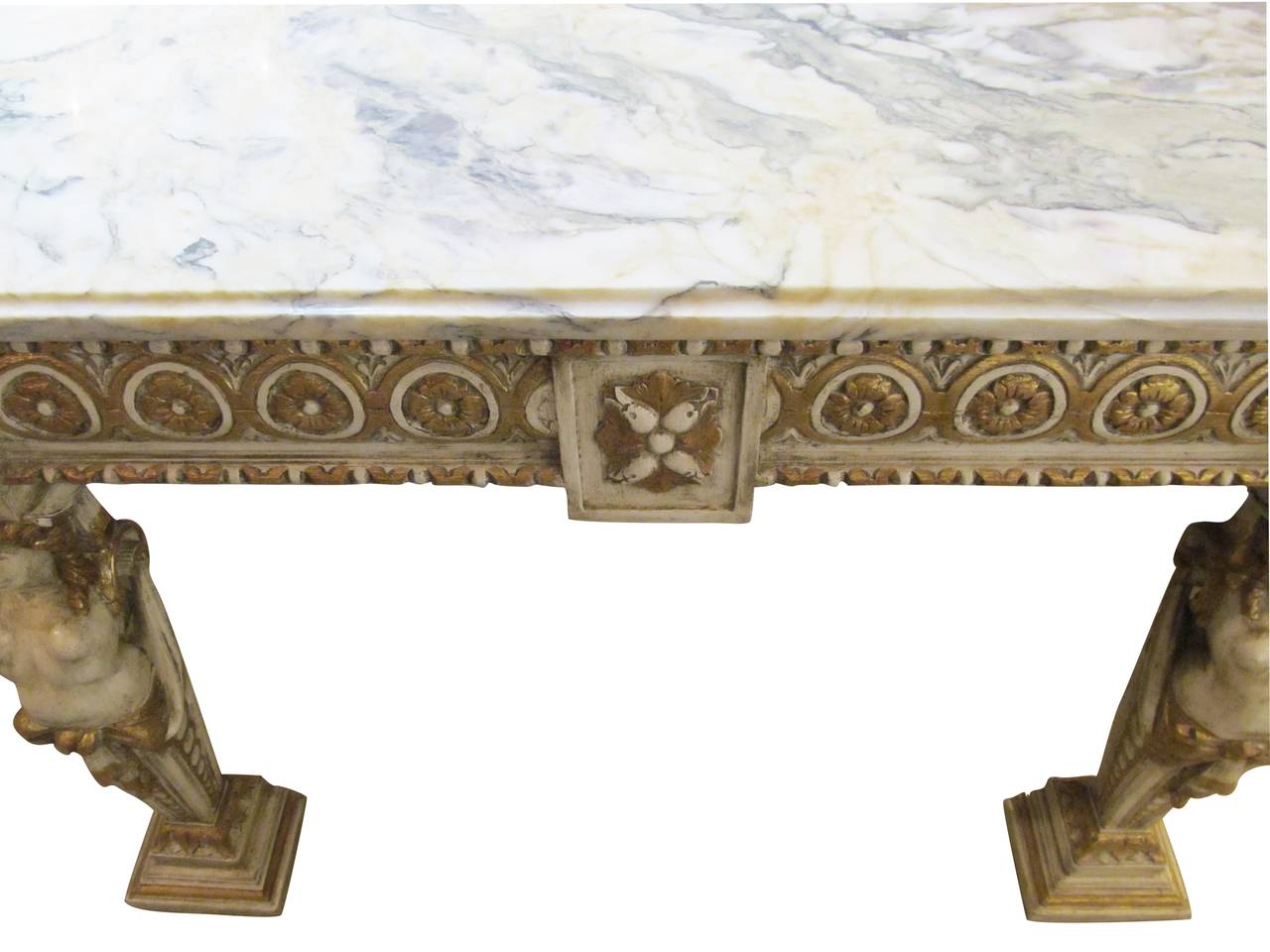 Italian Marble-Top Console Made of Carved Wood, Gilded and Painted Base, 1940s 1