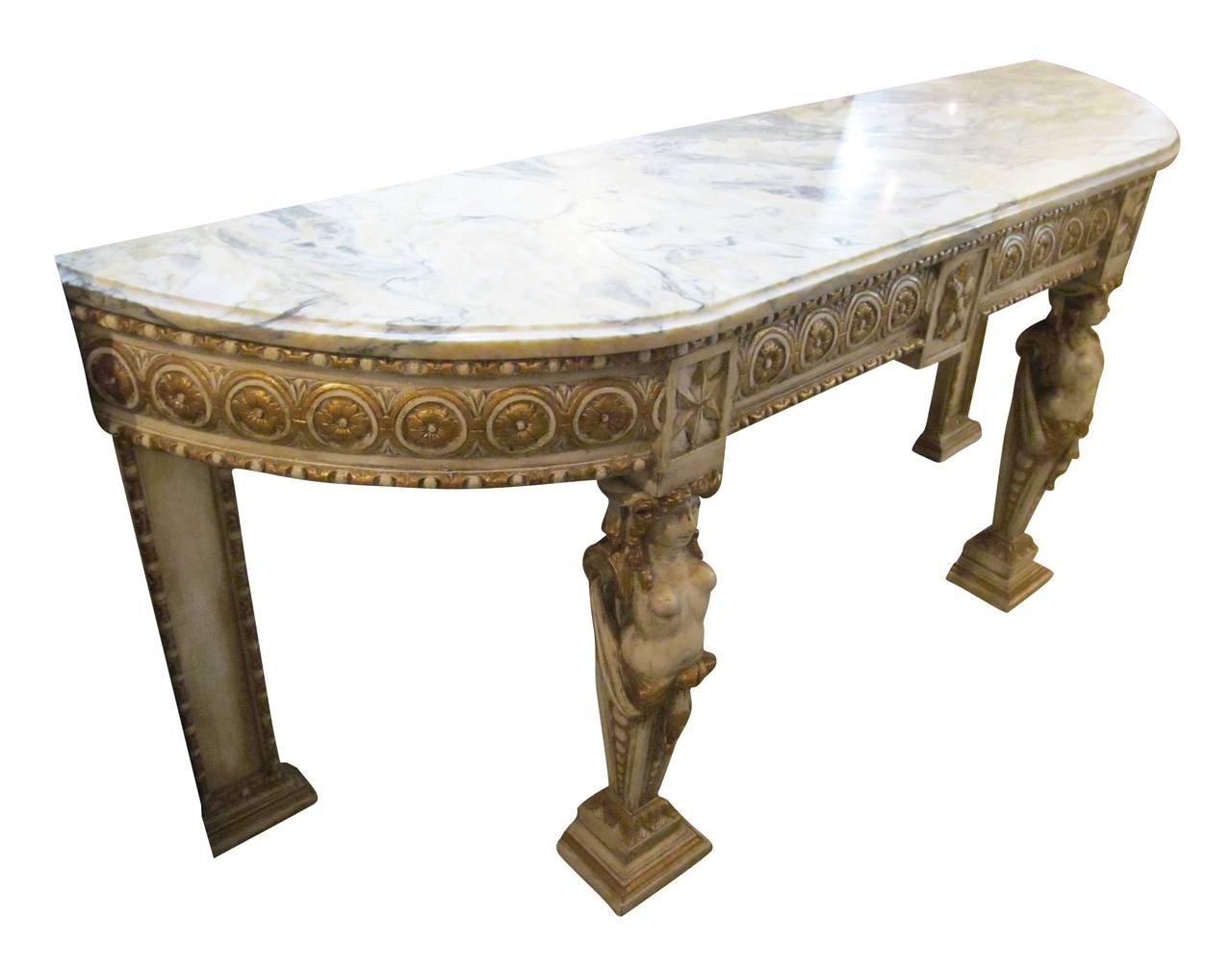 Italian Marble-Top Console Made of Carved Wood, Gilded and Painted Base, 1940s 2