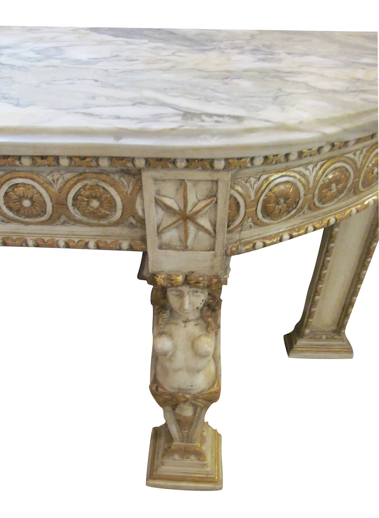 Italian Marble-Top Console Made of Carved Wood, Gilded and Painted Base, 1940s 3