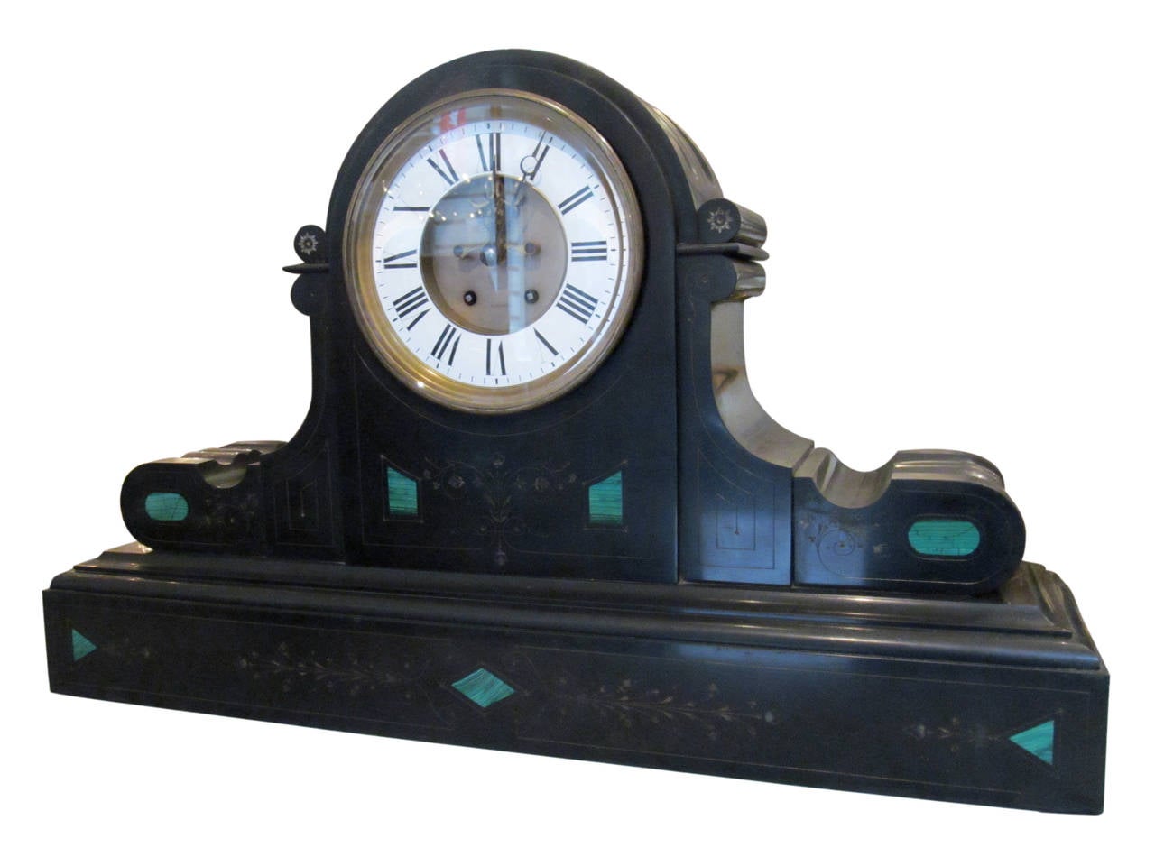 1860s Brocot & Delettrez style carved black slate clock with inlaid malachite. The face plate was perhaps replaced. This needs refurbishing. This can be seen at our 333 West 52nd St location in the Theater District West of Manhattan.
