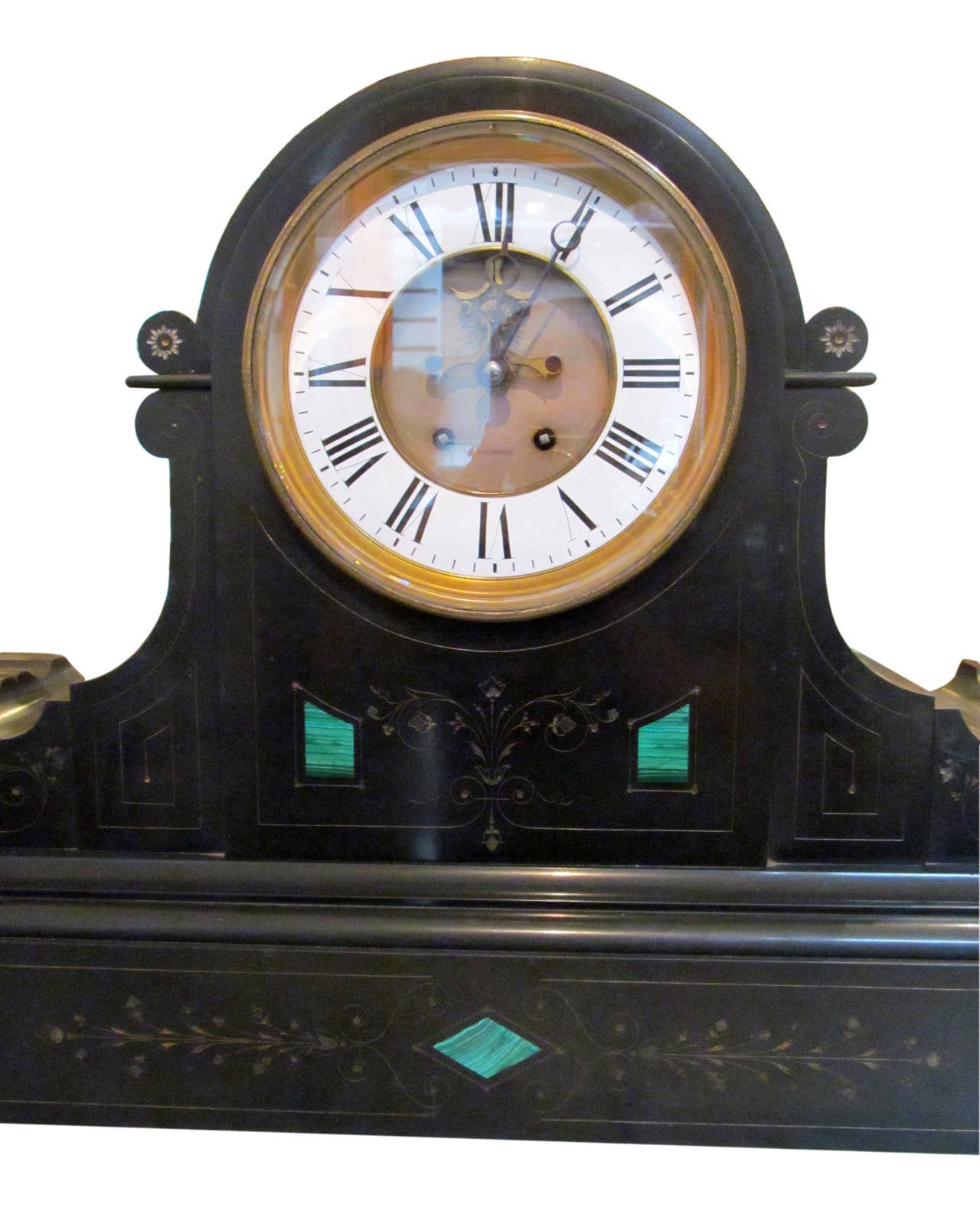 French Brocot and Delettrez Style Carved Black Slate Clock with Inlaid Malachite, 1860s