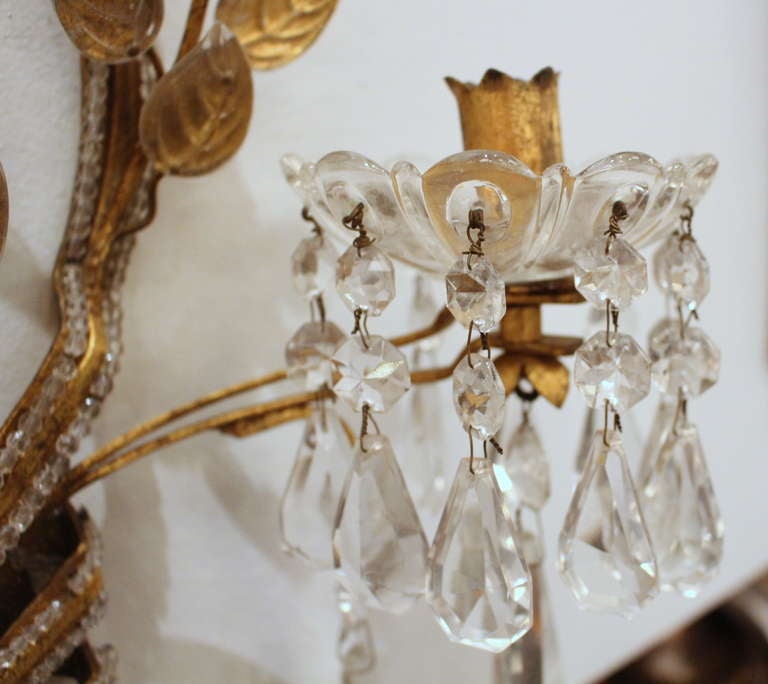 Mid-20th Century Pair of Hand Worked Crystal Sconces