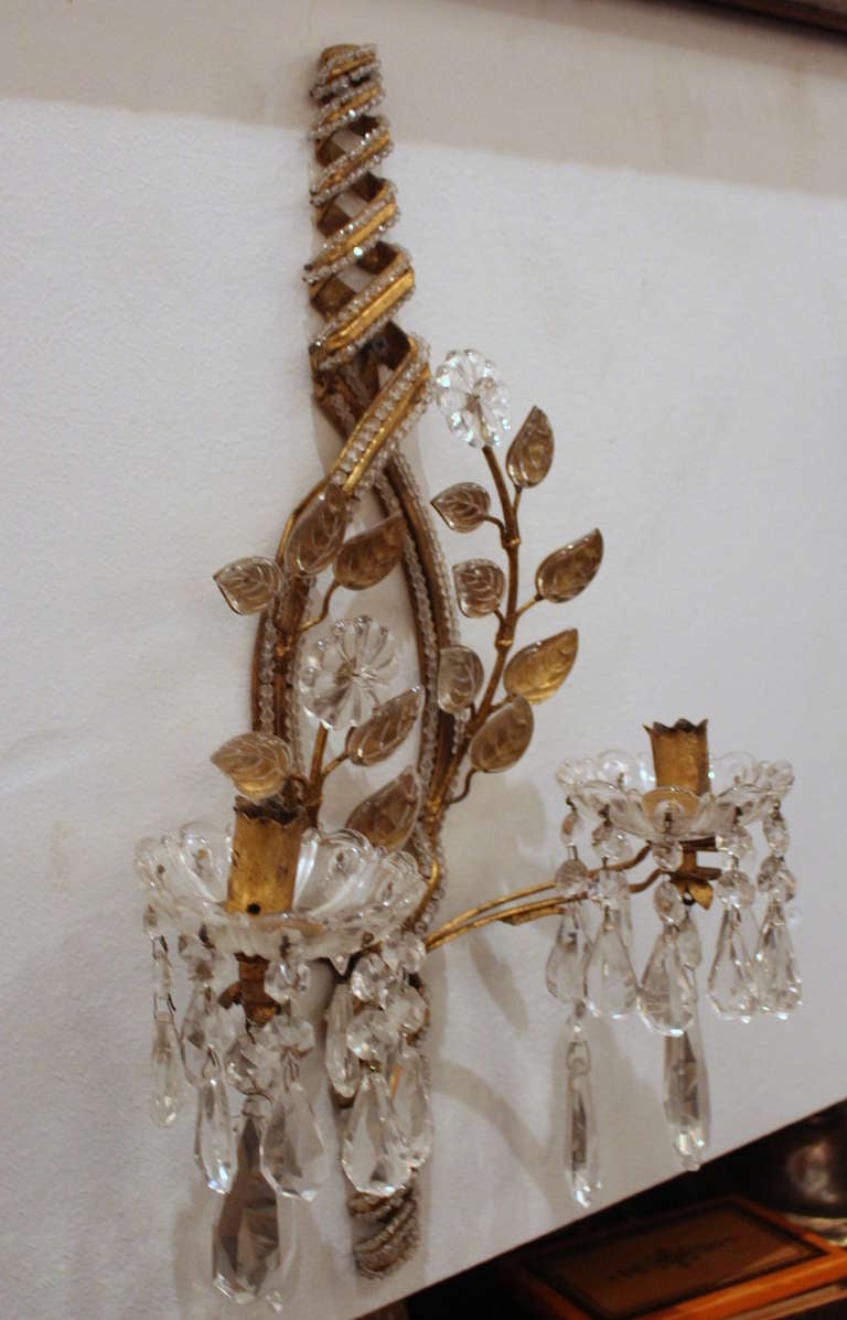 Pair of Hand Worked Crystal Sconces 1