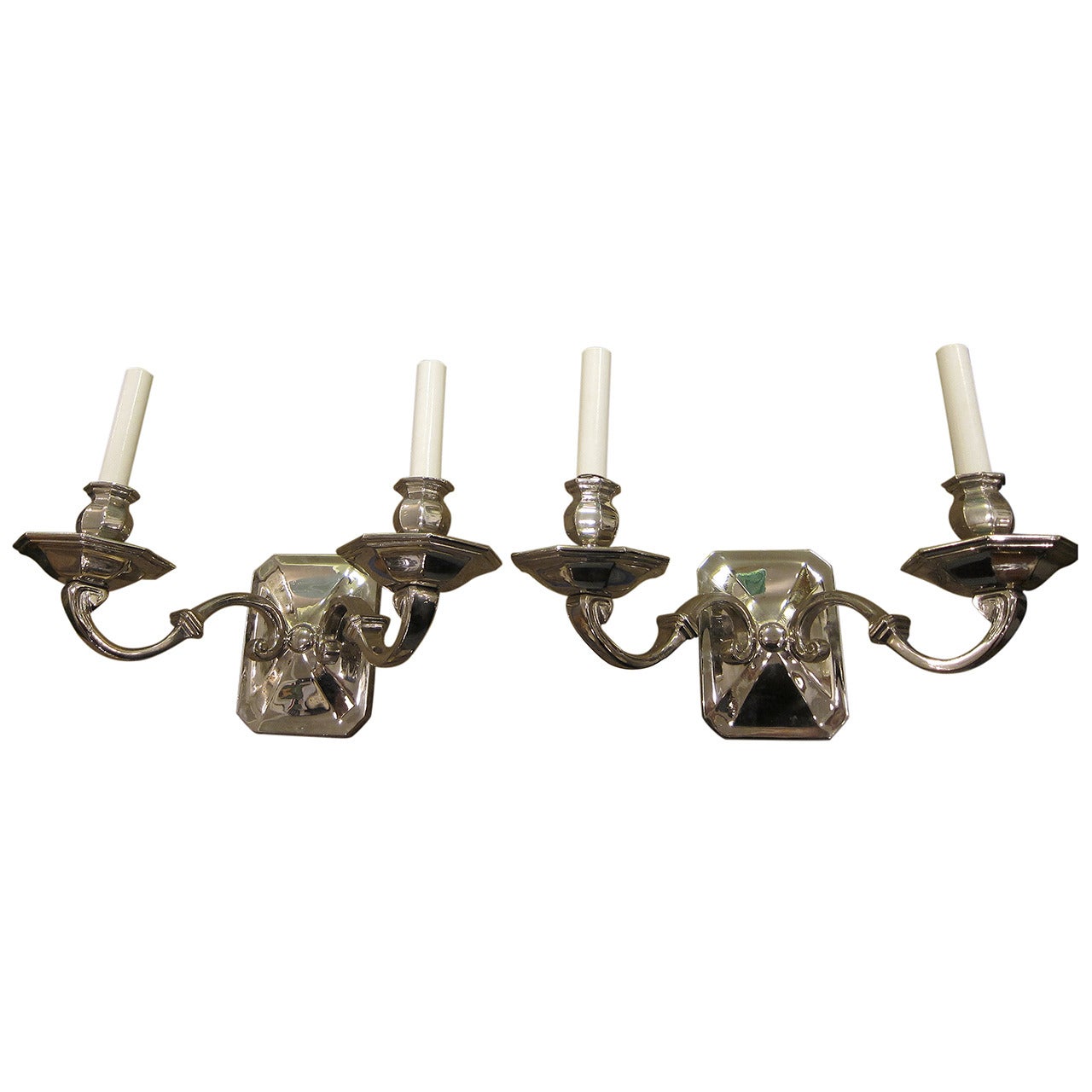 Pair of French Art Deco Polished Nickel Over Bronze Two-Arm Sconces, 1940s