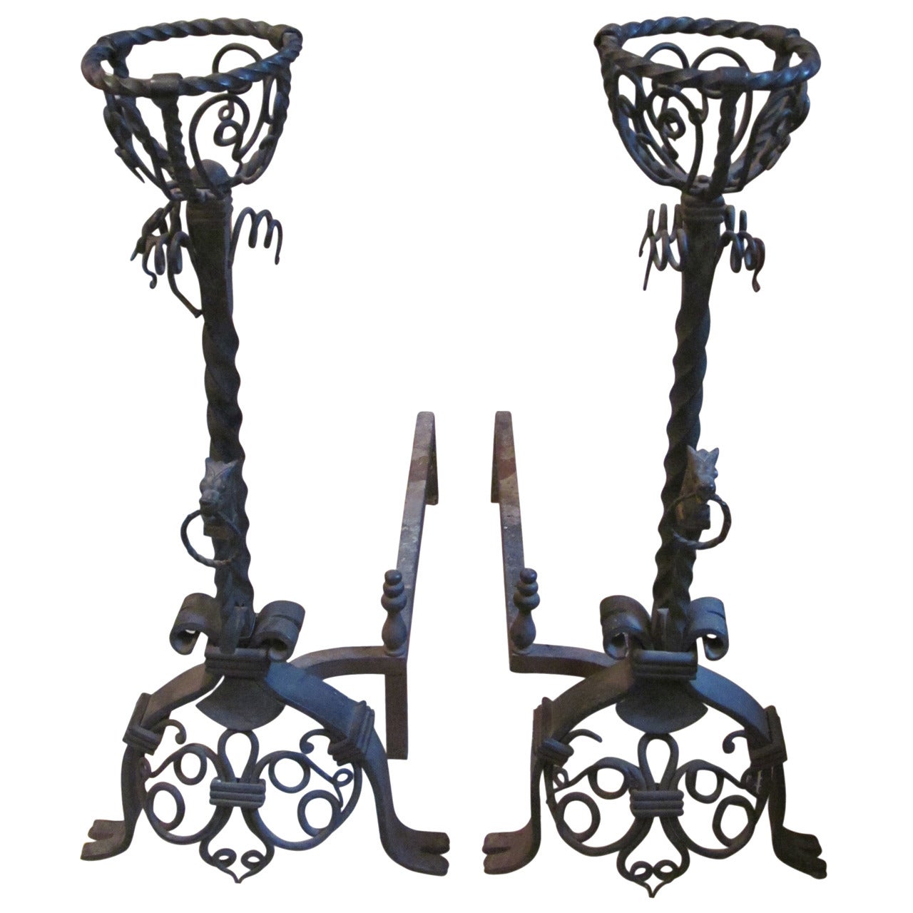 Pair Large Hand-Wrought Figural Andirons w/ Horse Heads For Sale