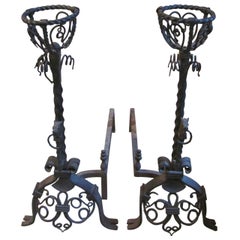 Antique Pair Large Hand-Wrought Figural Andirons w/ Horse Heads