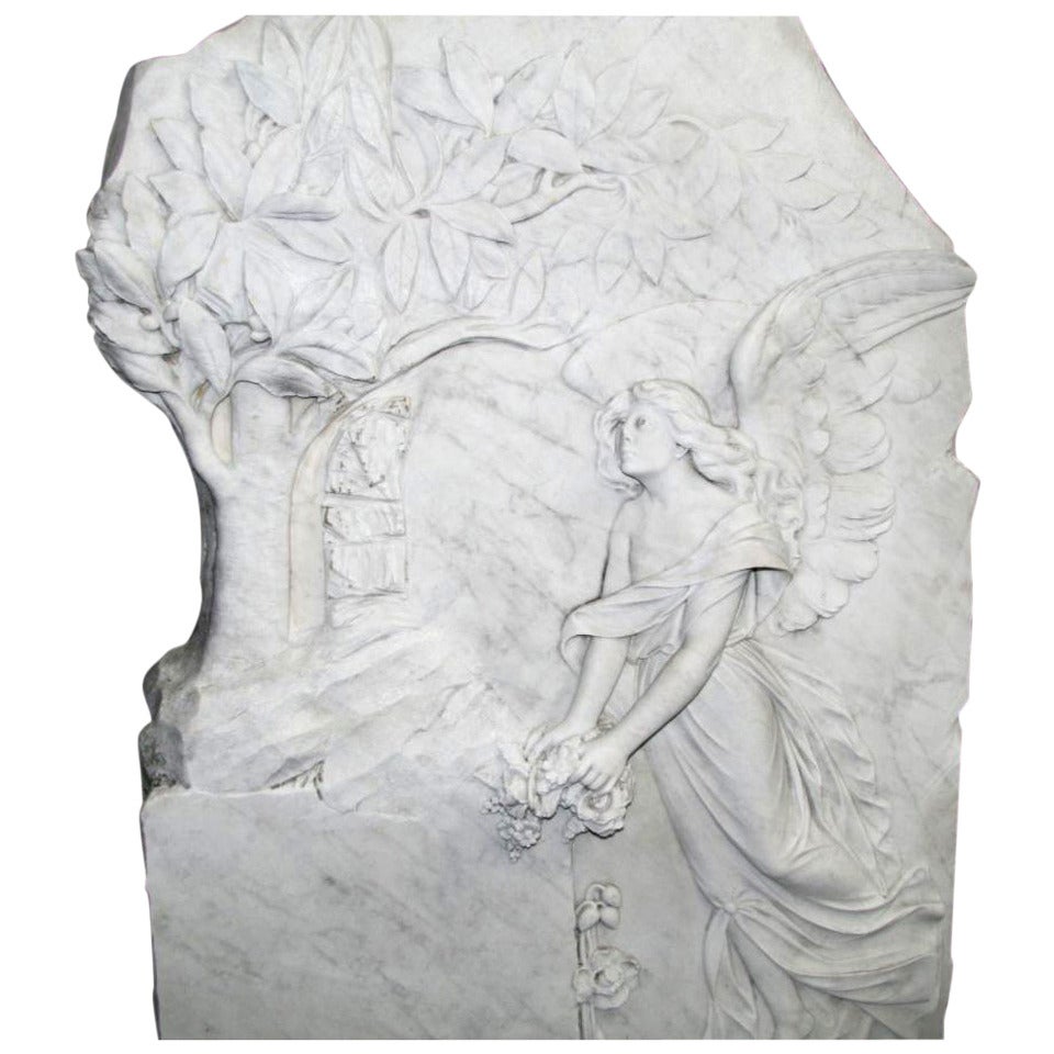 1910 Hand-Carved Marble Angel Wall Plaque Sculpture