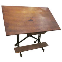 Antique Adjustable Drafting Table with Drawer, Wheels and Built-In Footrest, 1910