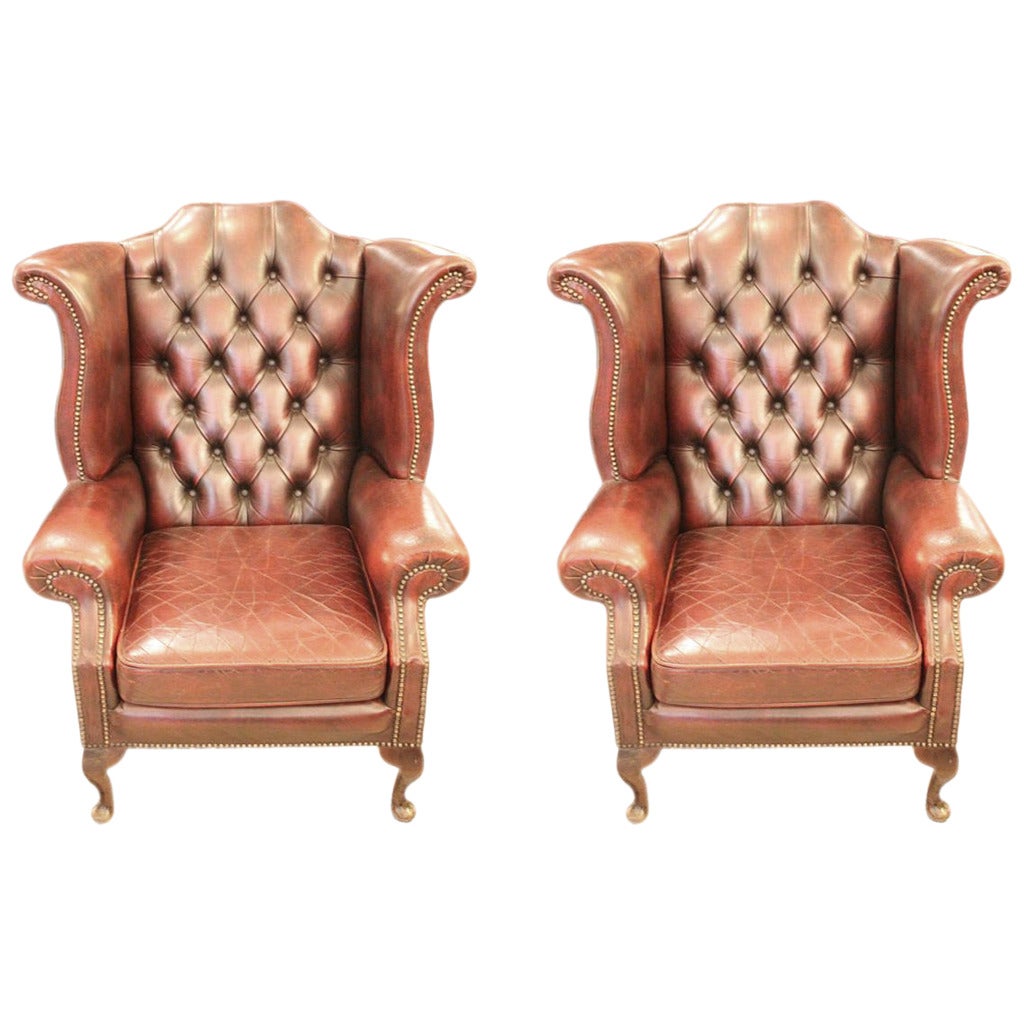 Pair of English Tufted Wingback Leather Chairs with Claw Feet, 1980s