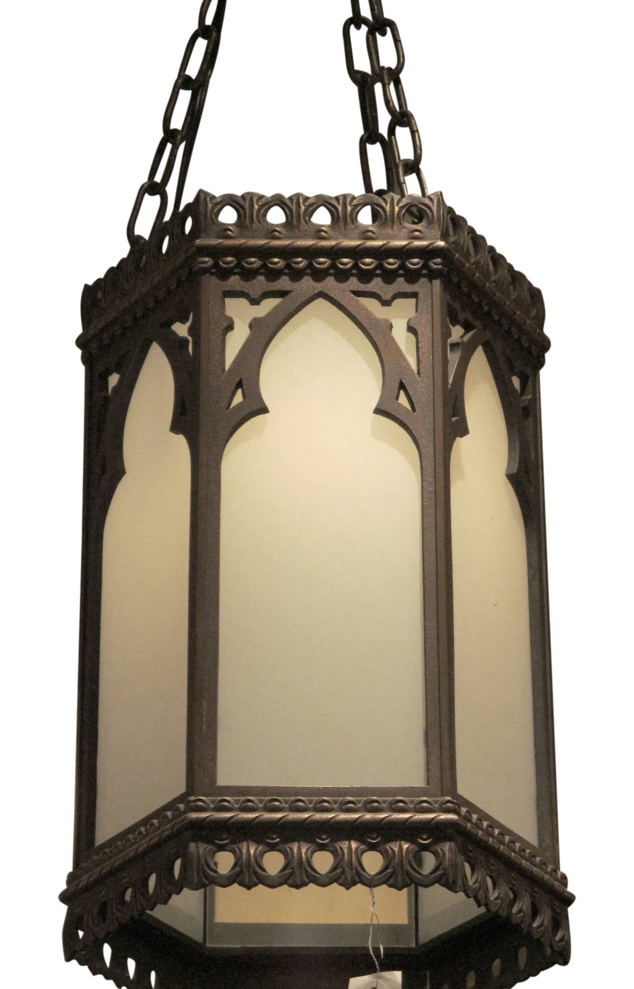 American 1920s Large Hexagon Bronze Gothic Lantern Pendant with Arches