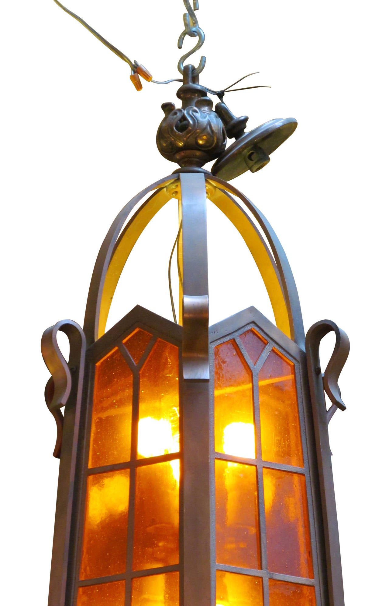 Arts and Crafts 1900s Large Bronze Arts & Crafts Six-Light Lantern Pendant with Original Canopy