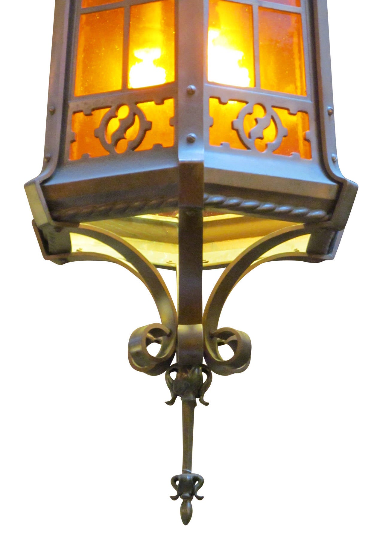 1900s Large Bronze Arts & Crafts Six-Light Lantern Pendant with Original Canopy In Excellent Condition In New York, NY