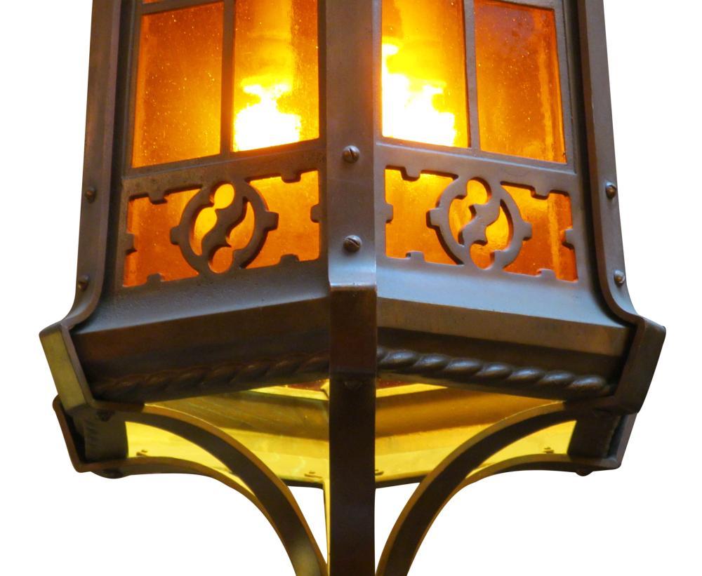 American 1900s Large Bronze Arts & Crafts Six-Light Lantern Pendant with Original Canopy