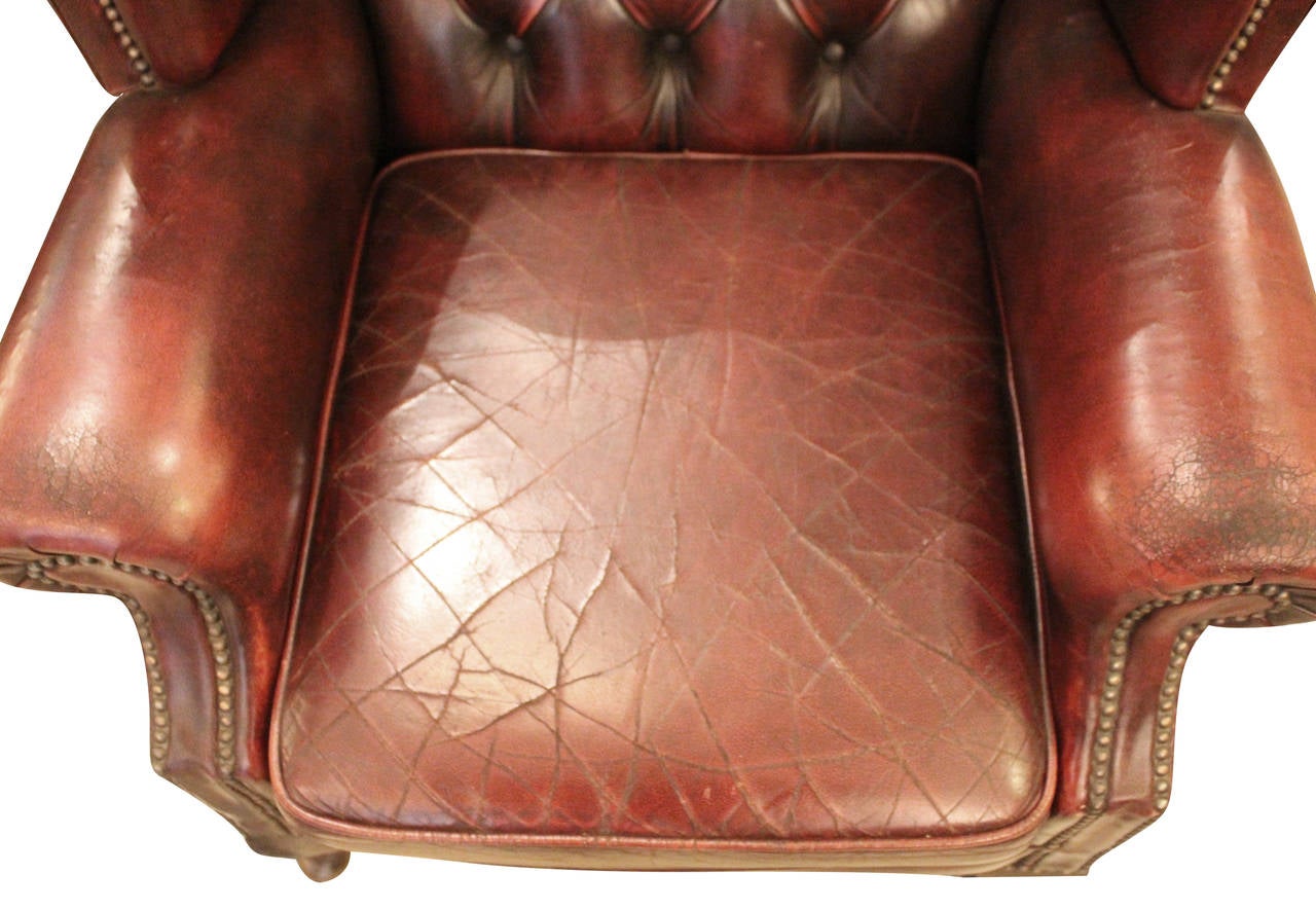 Late 20th Century Pair of English Tufted Wingback Leather Chairs with Claw Feet, 1980s