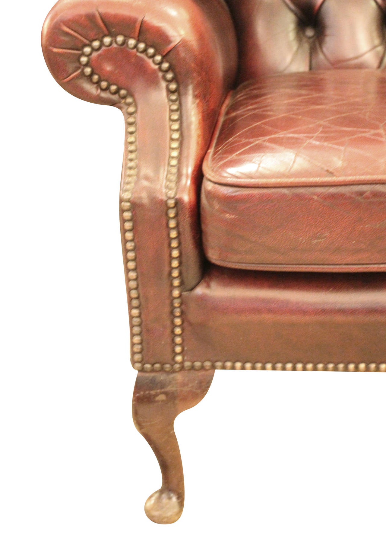 Pair of English Tufted Wingback Leather Chairs with Claw Feet, 1980s 1