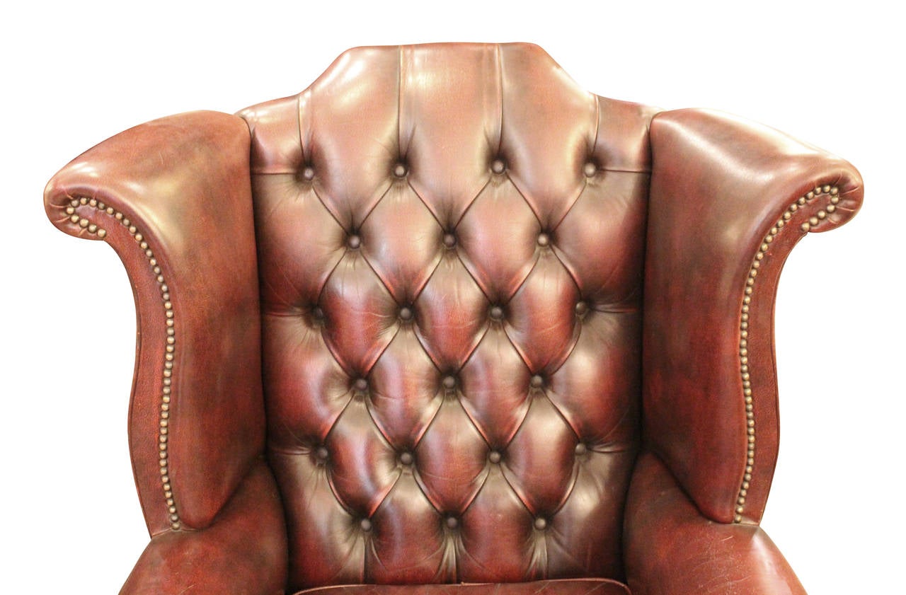Chesterfield Pair of English Tufted Wingback Leather Chairs with Claw Feet, 1980s