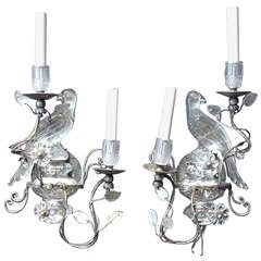 Vintage Pair of Two Candle Silvered Maison Baguès Style Glass Parrot Sconces