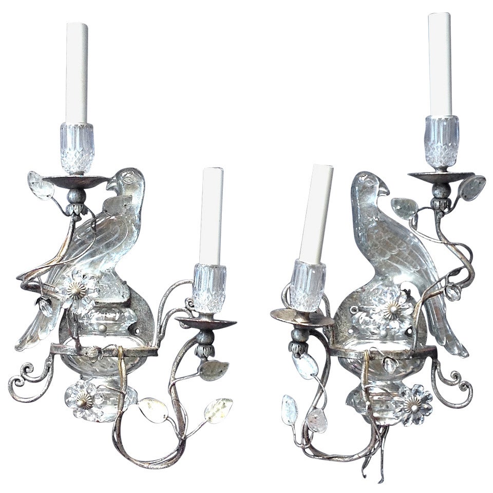 Pair of Two Candle Silvered Maison Baguès Style Glass Parrot Sconces