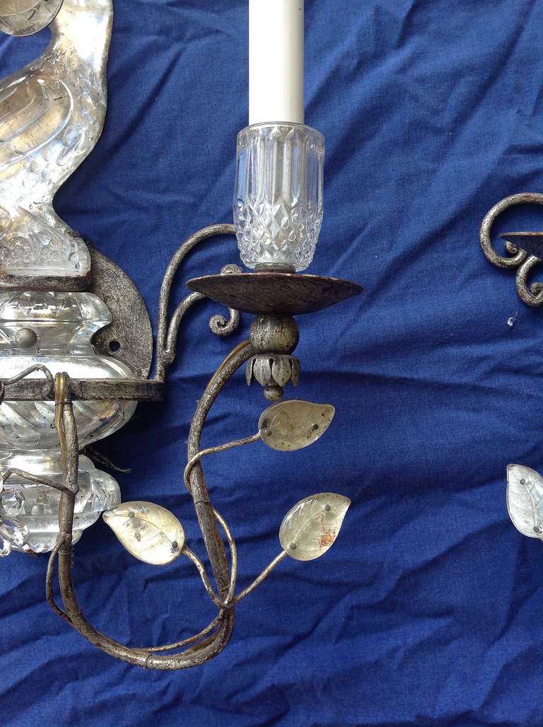 20th Century Pair of Two Candle Silvered Maison Baguès Style Glass Parrot Sconces