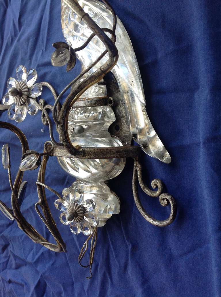 Pair of Two Candle Silvered Maison Baguès Style Glass Parrot Sconces In Excellent Condition In New York, NY
