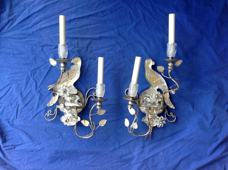 Pair of Two Candle Silvered Maison Baguès Style Glass Parrot Sconces 1