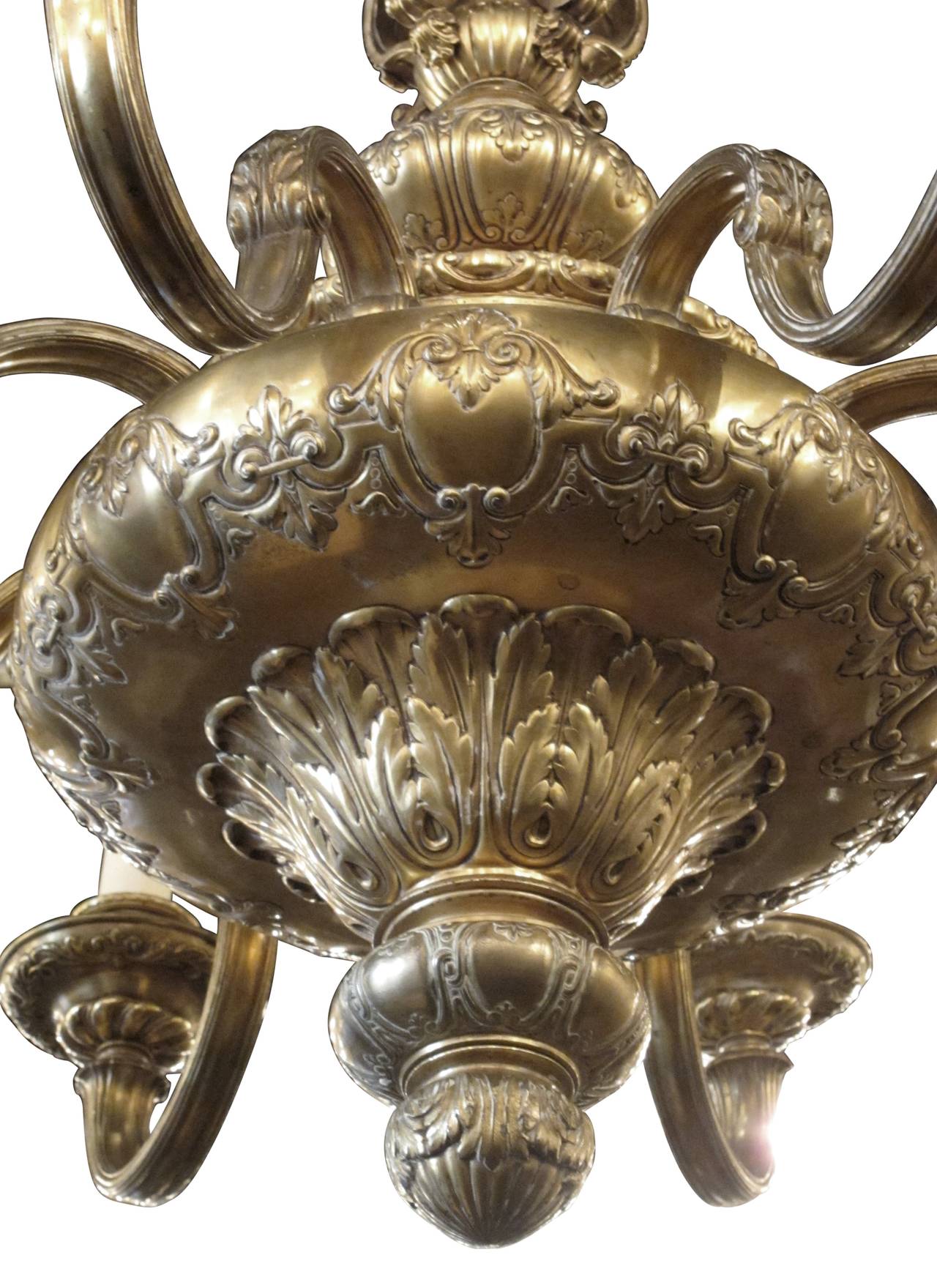 Gold Plate 1900s French Made Gold-Plated Eight-Arm Chandelier with Cherub Relief Work