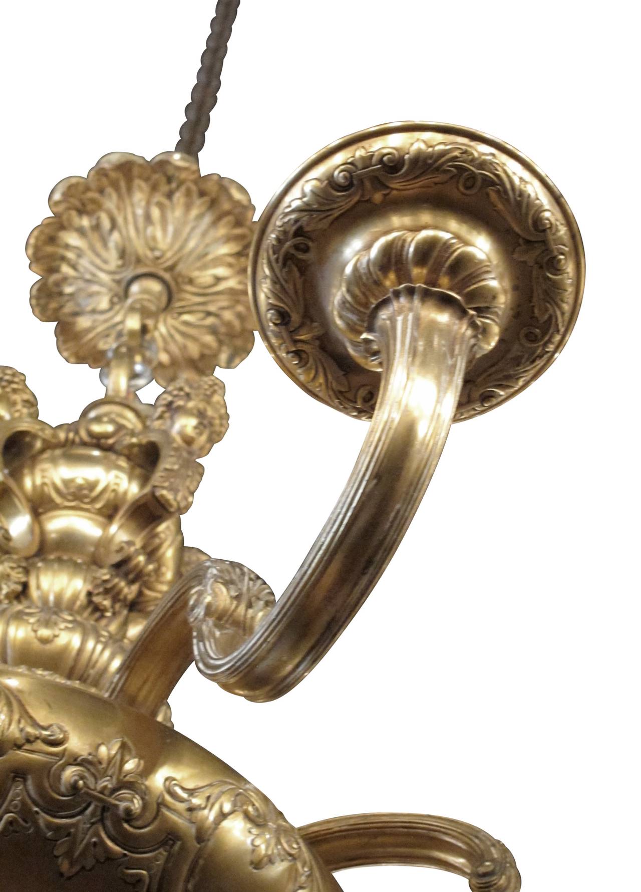 1900s French Made Gold-Plated Eight-Arm Chandelier with Cherub Relief Work 1