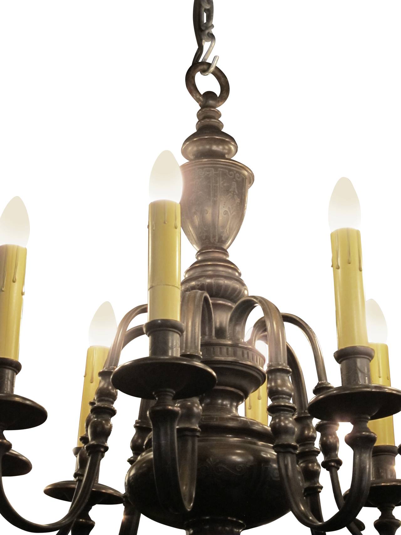 Beautifully patinated bronze Georgian style chandelier with etching details on bottom and top wells. Manufactured by EF Caldwell of NY in 1910. Cleaned and rewired. Please note, this item is located in one of our NYC locations.