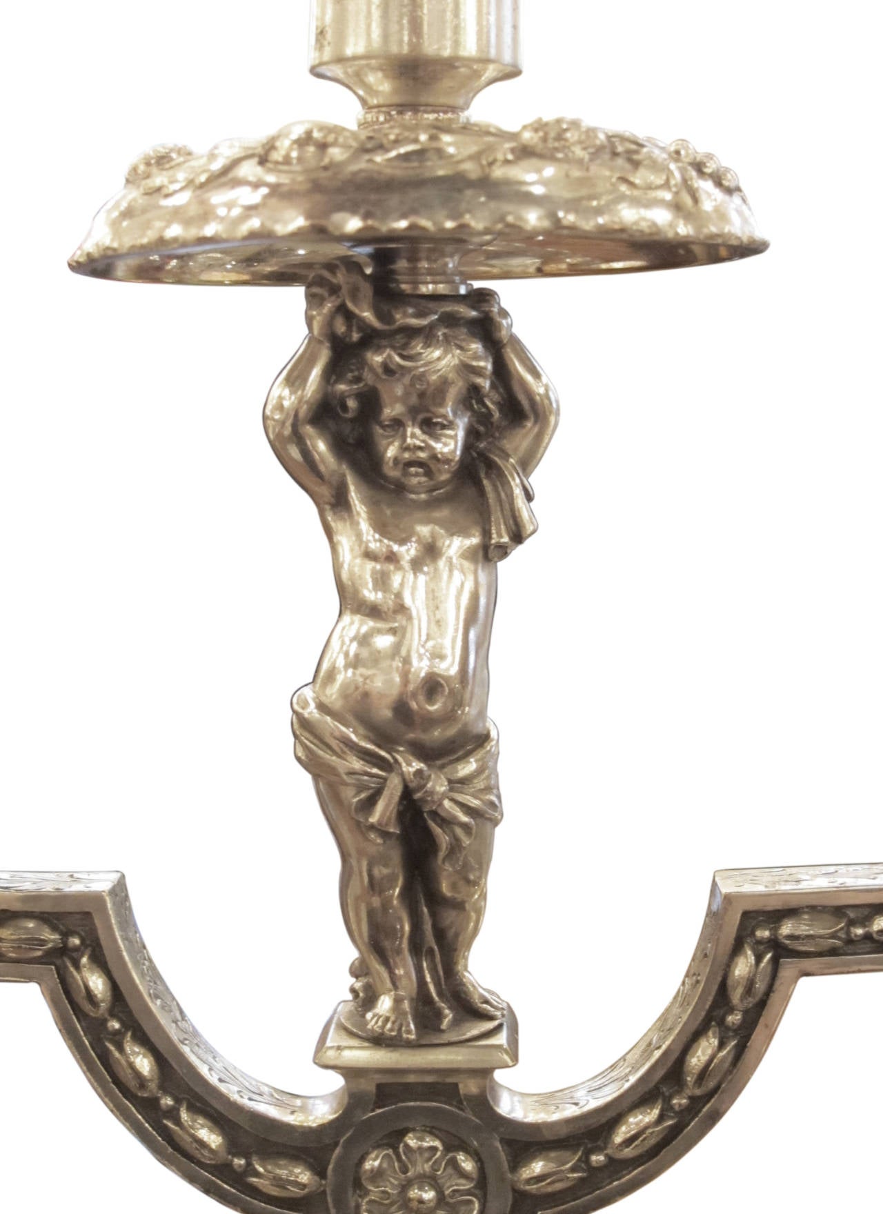 Baroque Pair of Silvered Bronze Table Candelabrum with Opposing Cherubs by E.F. Caldwell
