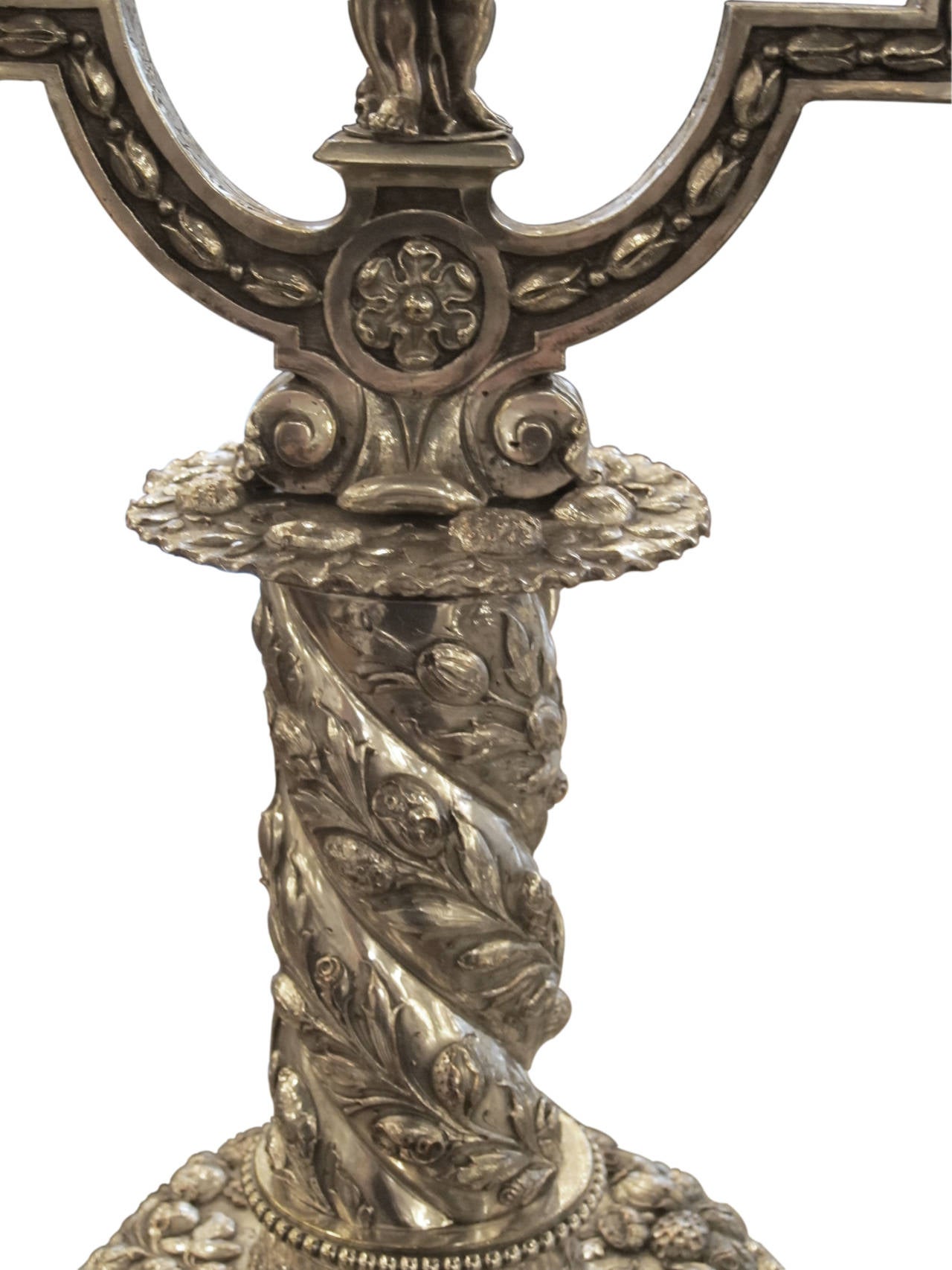 North American Pair of Silvered Bronze Table Candelabrum with Opposing Cherubs by E.F. Caldwell