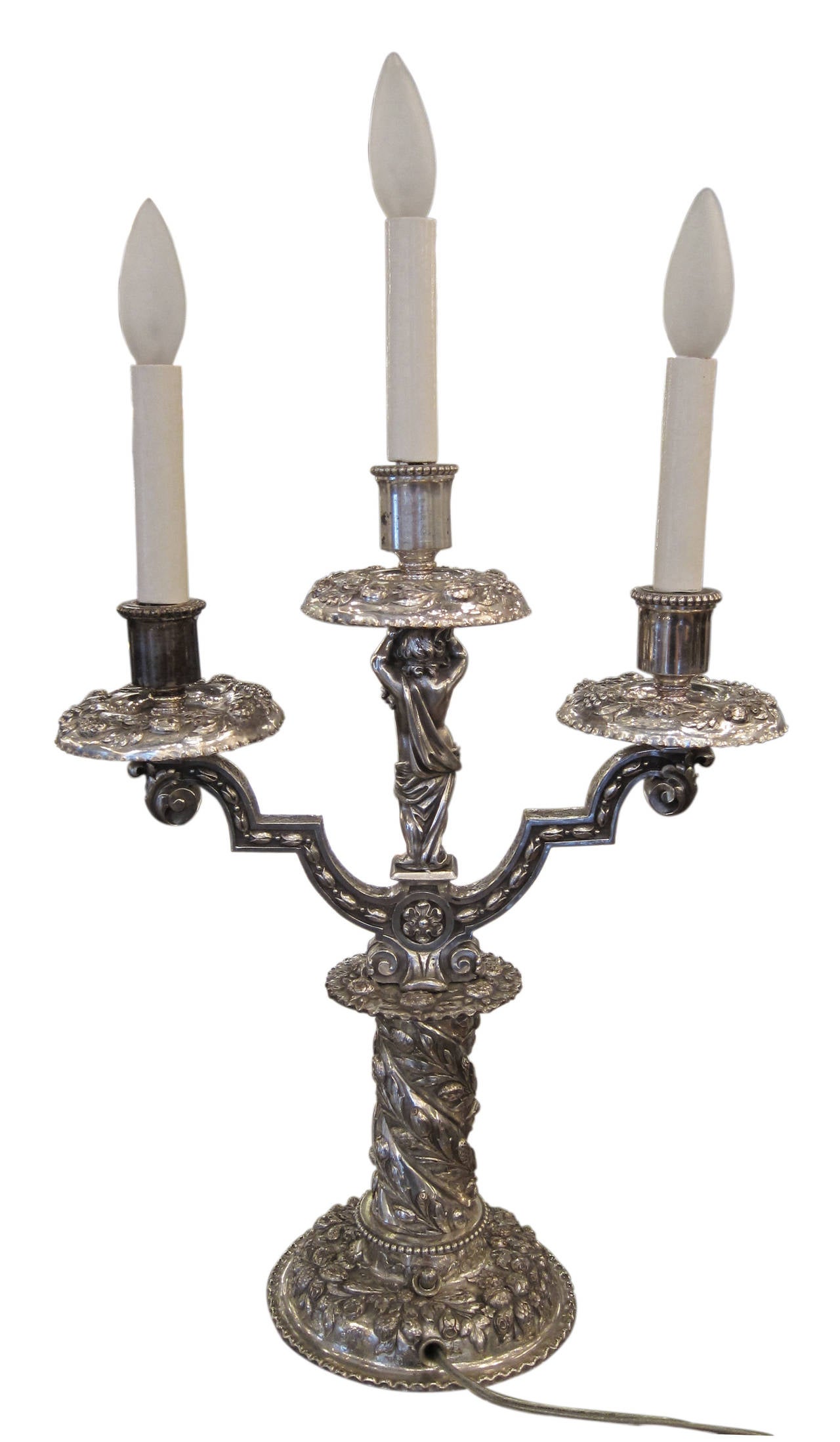 Early 20th Century Pair of Silvered Bronze Table Candelabrum with Opposing Cherubs by E.F. Caldwell