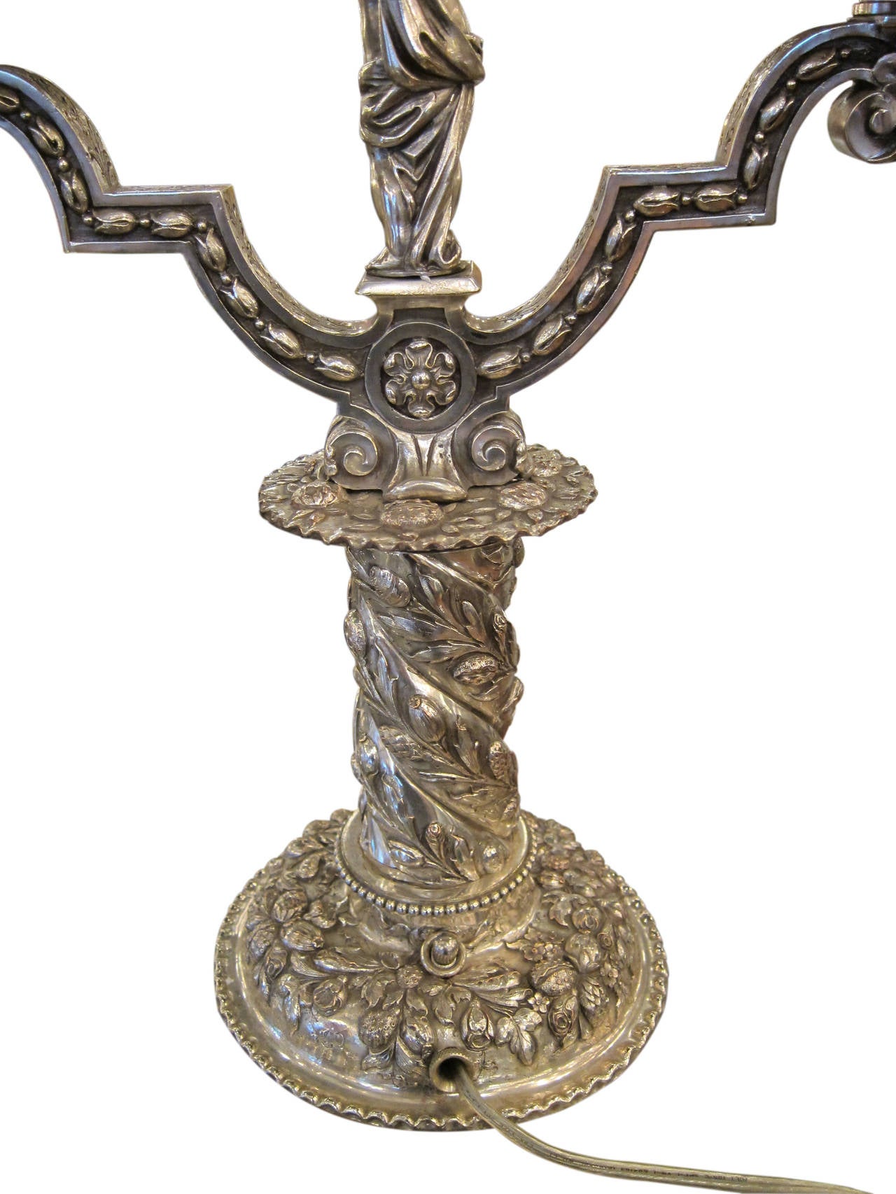 Pair of Silvered Bronze Table Candelabrum with Opposing Cherubs by E.F. Caldwell 1