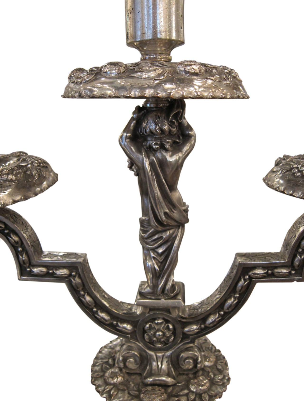 Pair of Silvered Bronze Table Candelabrum with Opposing Cherubs by E.F. Caldwell 2