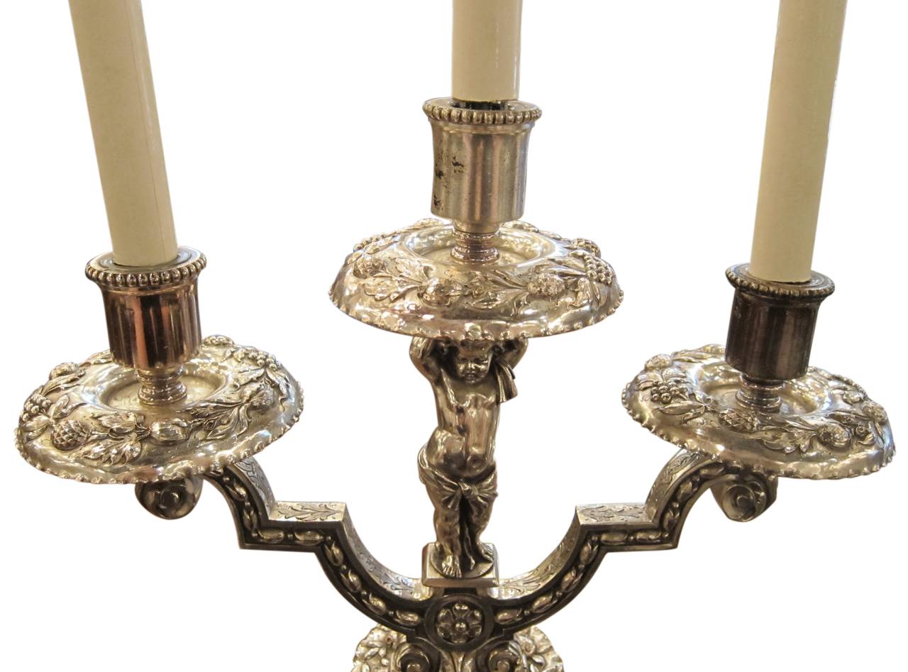 Pair of Silvered Bronze Table Candelabrum with Opposing Cherubs by E.F. Caldwell 3