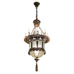 1920s French Gothic Tudor Pendant Light with Slumped Glass Made with Tole