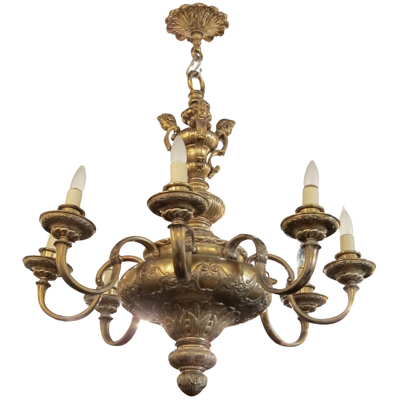 1900s French Made Gold-Plated Eight-Arm Chandelier with Cherub Relief Work