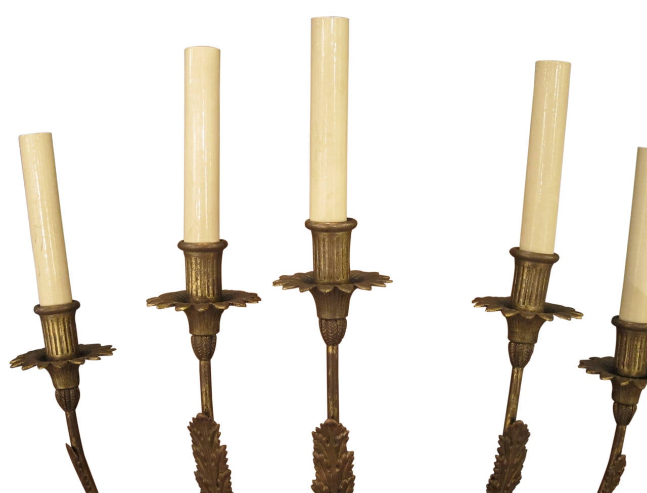 American 1890s Pair of Five-Light Victorian Sconces with Gesso Leaves